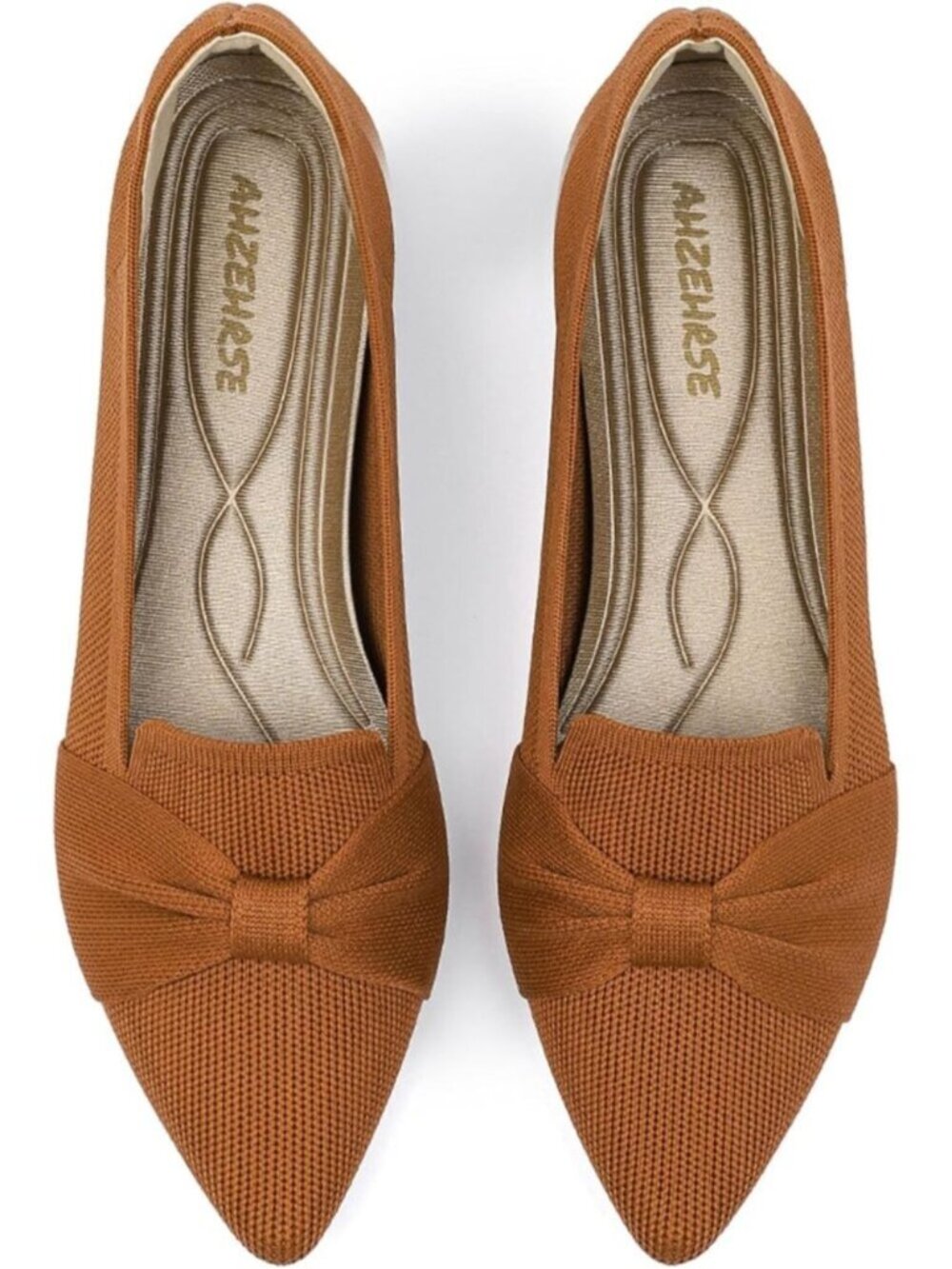 Women's Brown Pointed Toe Ballet Flats Comfortable Knit Dressy Bow Flats Shoes